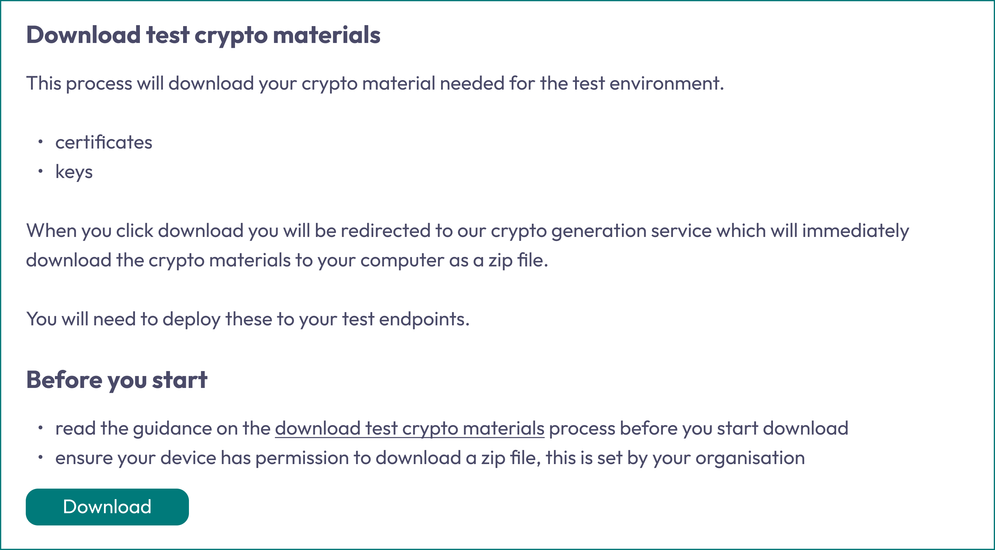 A page instructing users to download the test crypto materials, including certificates and keys, with guidance on deployment and pre-download requirements.