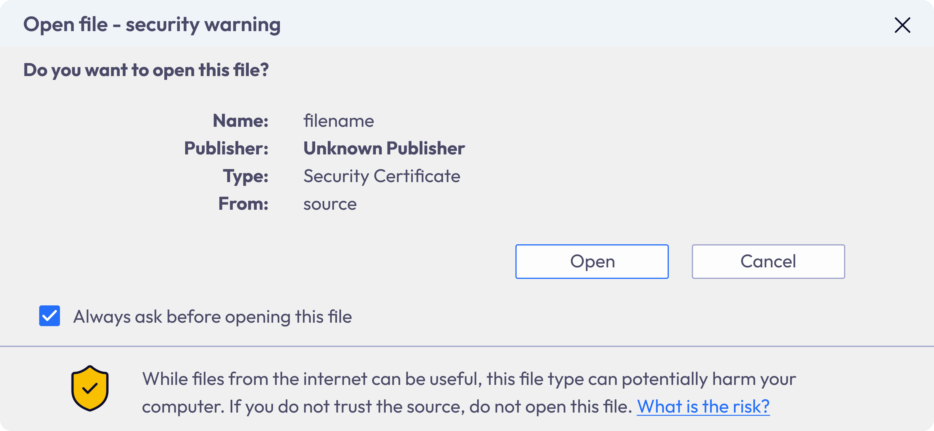 A system warning alerting the user about potential security risks when opening a file from an unknown publisher, along with options to proceed or cancel.