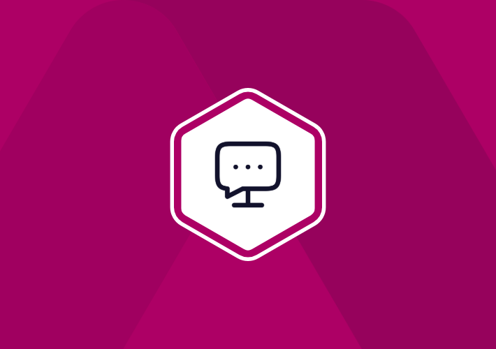 Magenta graphic showing computer screen as a speech bubble.